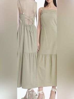 The Good Journey Aloe Green 100% Cotton Tier Bottom -Open Back Maxi Dress: M